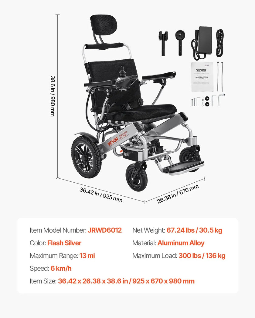 VEVOR Electric Wheelchair 300lbs Adjustable Backrest Foldable 13 Mile
