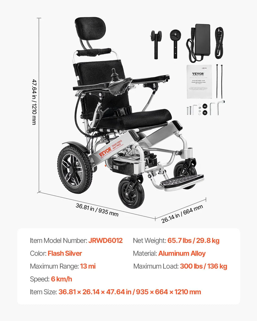VEVOR Electric Wheelchair 300lbs Capacity Adjustable Backrest Foldable 13 Mile