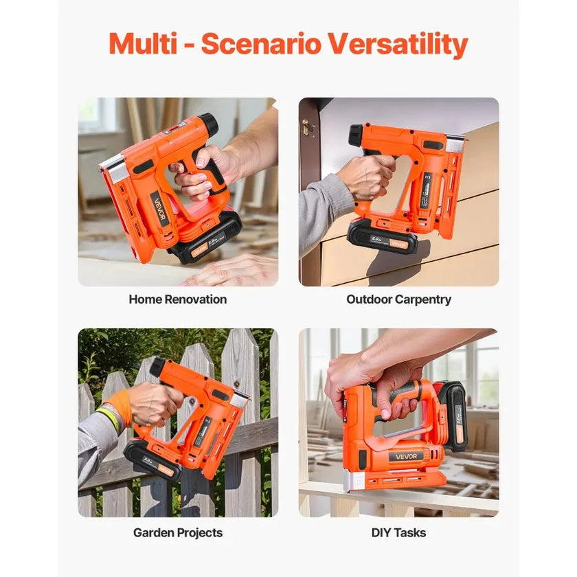 VEVOR Cordless Brad Nailer, 2-in-1 Nail Gun Staple Gun, 18 Gauge 5/8 inch, Includes 1000 Pcs Staples and 1000 Pcs Nails, with Battery and Charger, Non-Slip Rubber Grip, for Woodworking DIY Projects