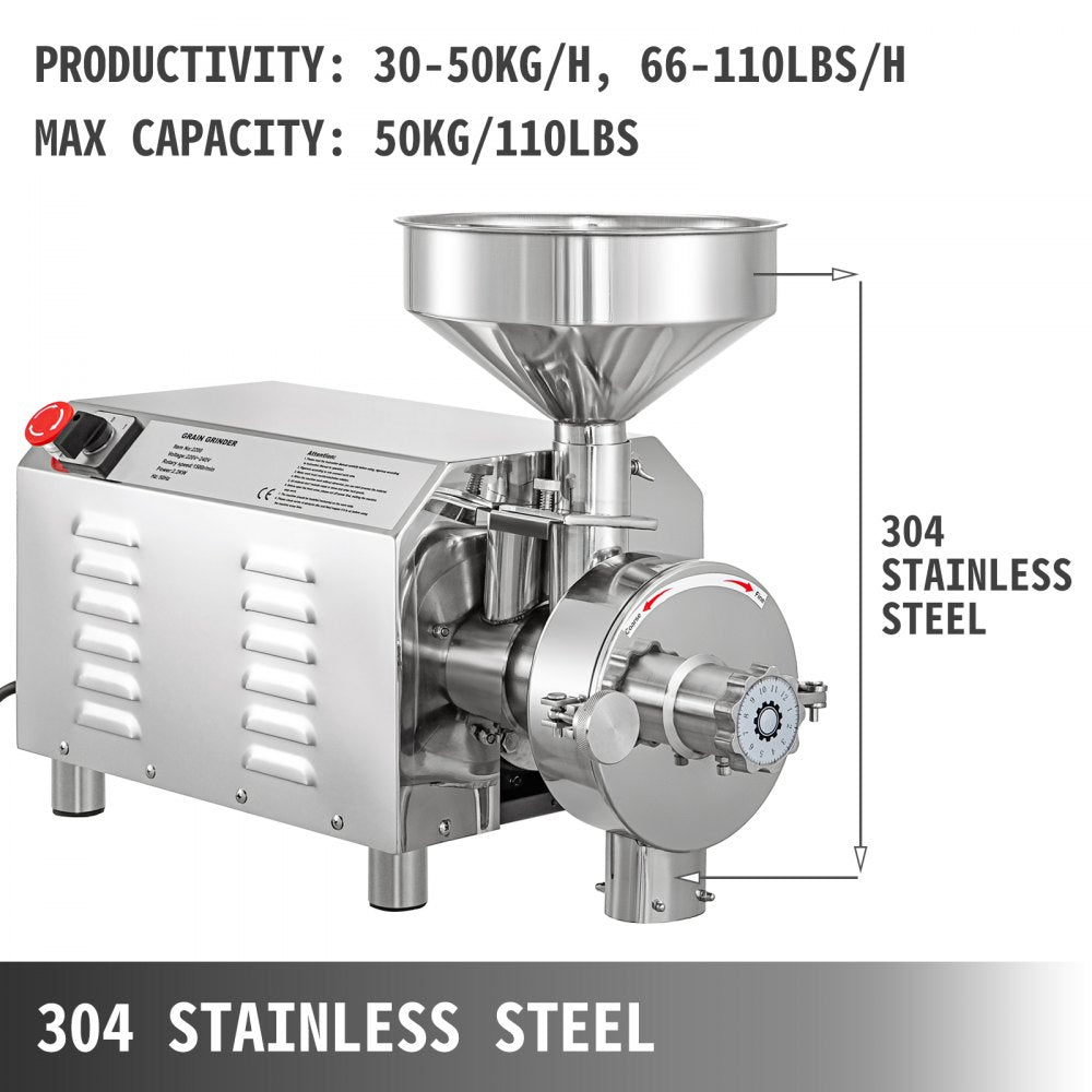 VEVOR Commercial Grinding Machine for Grain 2200W,Electric Stainless Steel Grain Grinder 30-50KG/H,Automatic Industrial Superfine Grain Grinder for Dried Materials Chinese Herb Spice Pepper Soybean