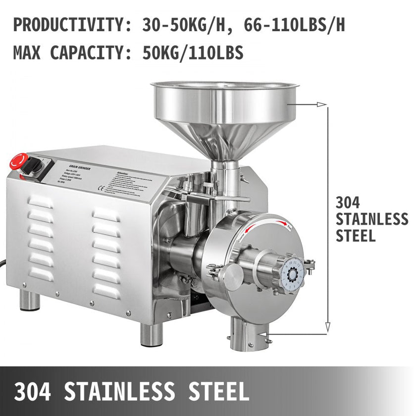 VEVOR Commercial Grinding Machine for Grain 2200W,Electric Stainless Steel Grain Grinder 30-50KG/H,Automatic Industrial Superfine Grain Grinder for Dried Materials Chinese Herb Spice Pepper Soybean