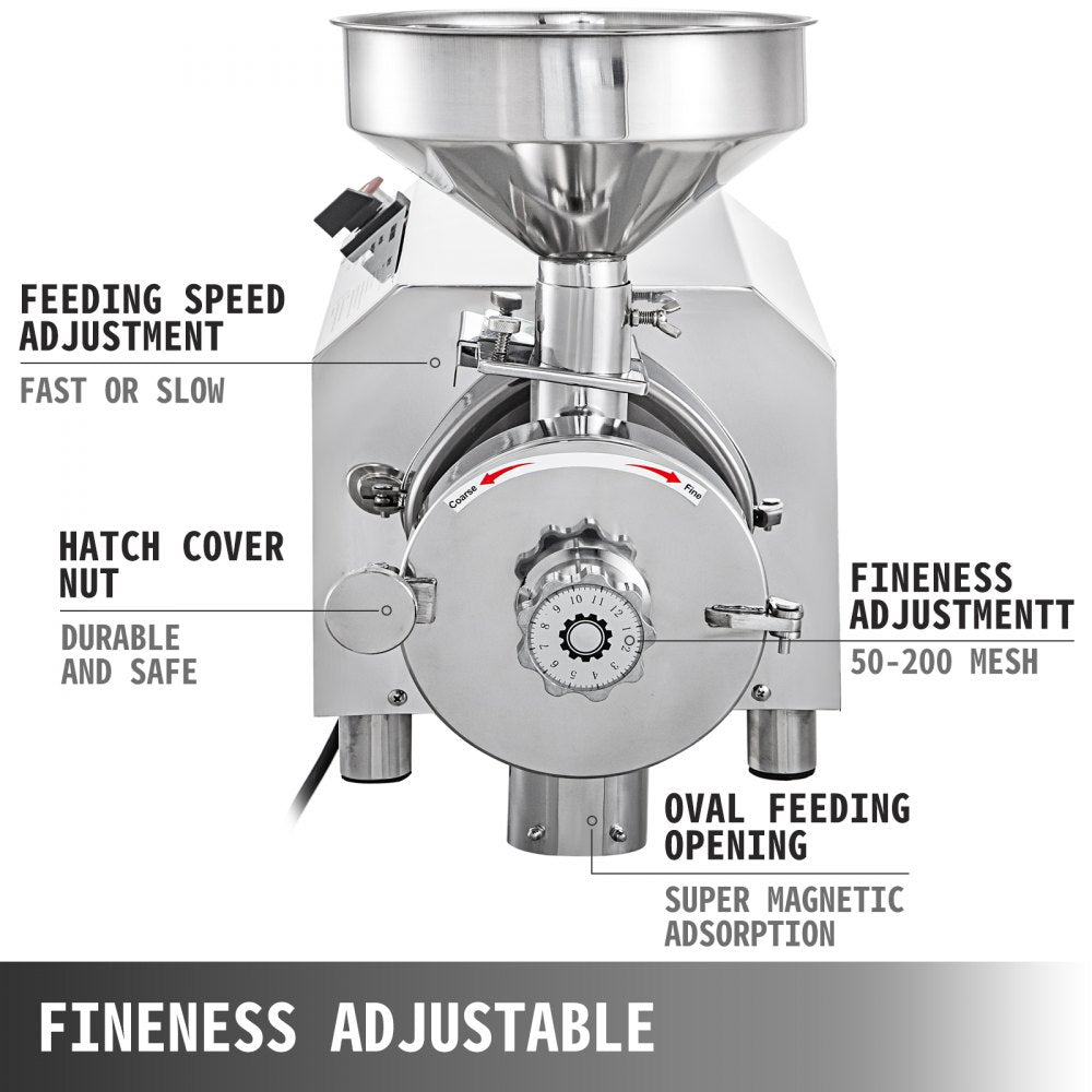 VEVOR Commercial Grinding Machine for Grain 2200W,Electric Stainless Steel Grain Grinder 30-50KG/H,Automatic Industrial Superfine Grain Grinder for Dried Materials Chinese Herb Spice Pepper Soybean