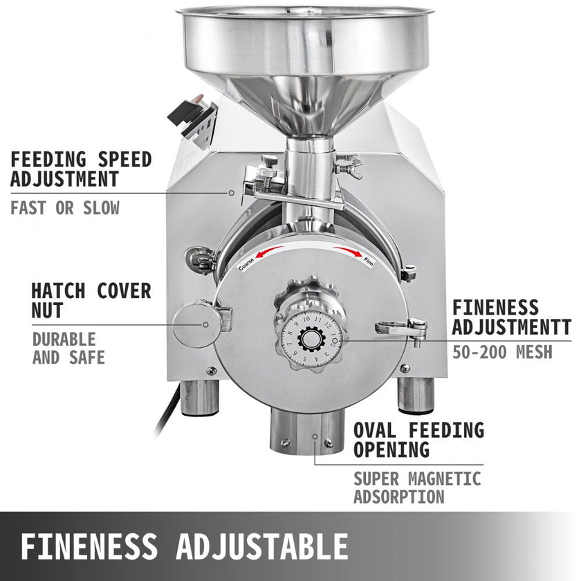 VEVOR Commercial Grinding Machine for Grain 2200W,Electric Stainless Steel Grain Grinder 30-50KG/H,Automatic Industrial Superfine Grain Grinder for Dried Materials Chinese Herb Spice Pepper Soybean
