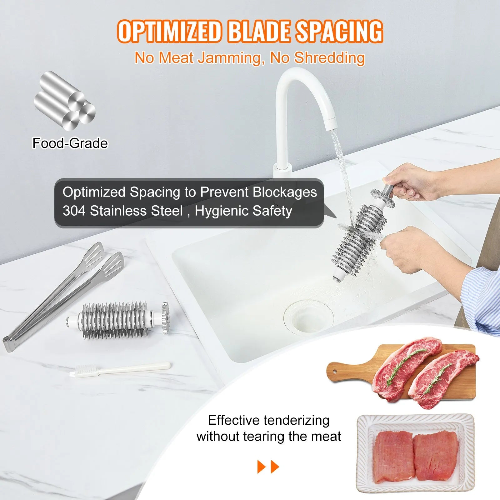 VEVOR Commercial Meat Tenderizer, Heavy Duty Stainless Steel Kitchen Tool with Handle, Meat Tong, and Cleaning Brush, 450W Electric Meat Tenderizer Machine for Beef, Turkey, Chicken, Pork, and Fish