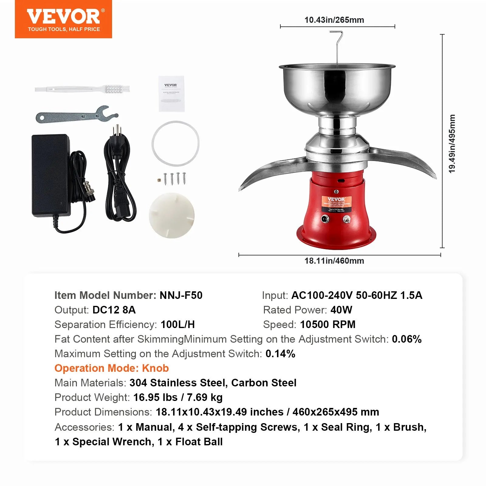 VEVOR Milk Cream Centrifugal Separator, 304 Stainless Steel Electric Cream Separators, 100L/H Output 10500RPM Goat Milk Separator, 30W Cow Cream Separator, Milk Skimmer with 5L Bowl Capacity, 100-240V