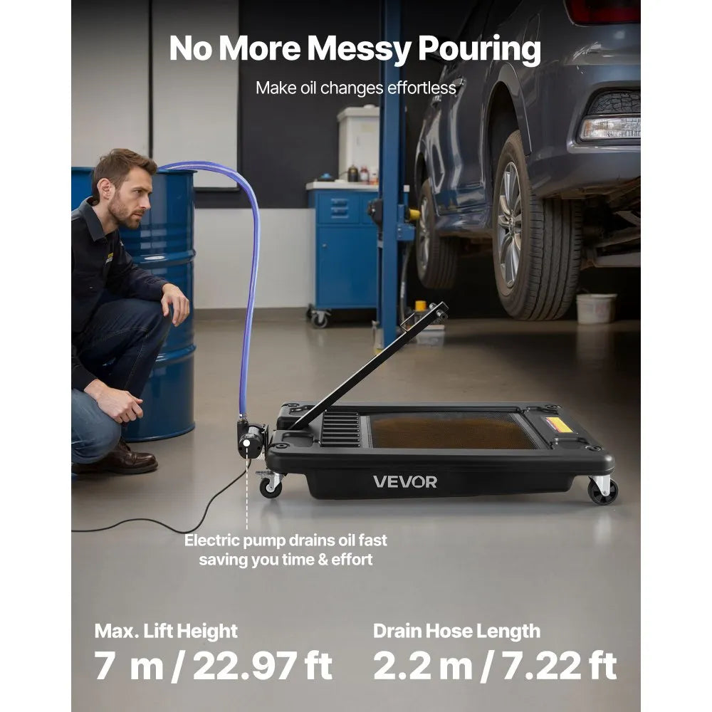 VEVOR Low Profile Oil Drain Pan, 17 Gallon Oil Drain Pan with Pump, Oil Change Pan with 180W Electric Pump, 8.2ft Hose & Folding Handle, Rolling Oil Drain Cart for Trucks, Buses, RVs