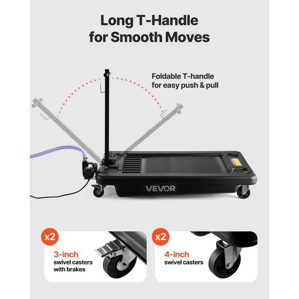 VEVOR Low Profile Oil Drain Pan, 17 Gallon Oil Drain Pan with Pump, Oil Change Pan with 180W Electric Pump, 8.2ft Hose & Folding Handle, Rolling Oil Drain Cart for Trucks, Buses, RVs