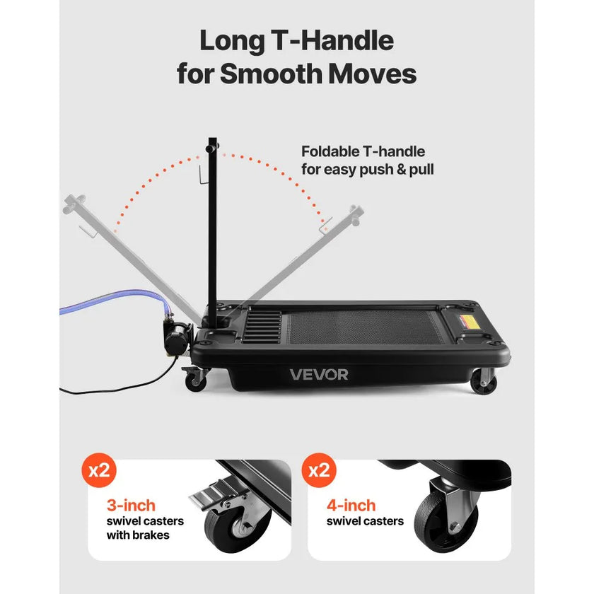 VEVOR Low Profile Oil Drain Pan, 17 Gallon Oil Drain Pan with Pump, Oil Change Pan with 180W Electric Pump, 8.2ft Hose & Folding Handle, Rolling Oil Drain Cart for Trucks, Buses, RVs