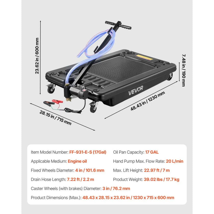 VEVOR Low Profile Oil Drain Pan, 17 Gallon Oil Drain Pan with Pump, Oil Change Pan with 180W Electric Pump, 8.2ft Hose & Folding Handle, Rolling Oil Drain Cart for Trucks, Buses, RVs