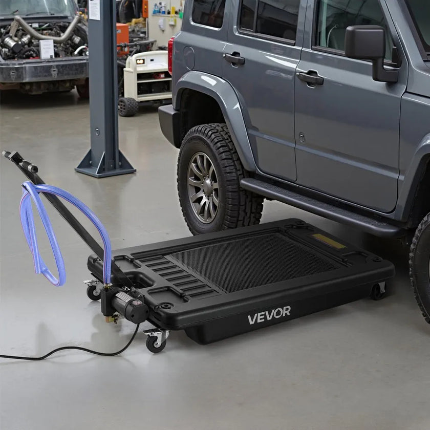 VEVOR Low Profile Oil Drain Pan, 17 Gallon Oil Drain Pan with Pump, Oil Change Pan with 180W Electric Pump, 8.2ft Hose & Folding Handle, Rolling Oil Drain Cart for Trucks, Buses, RVs