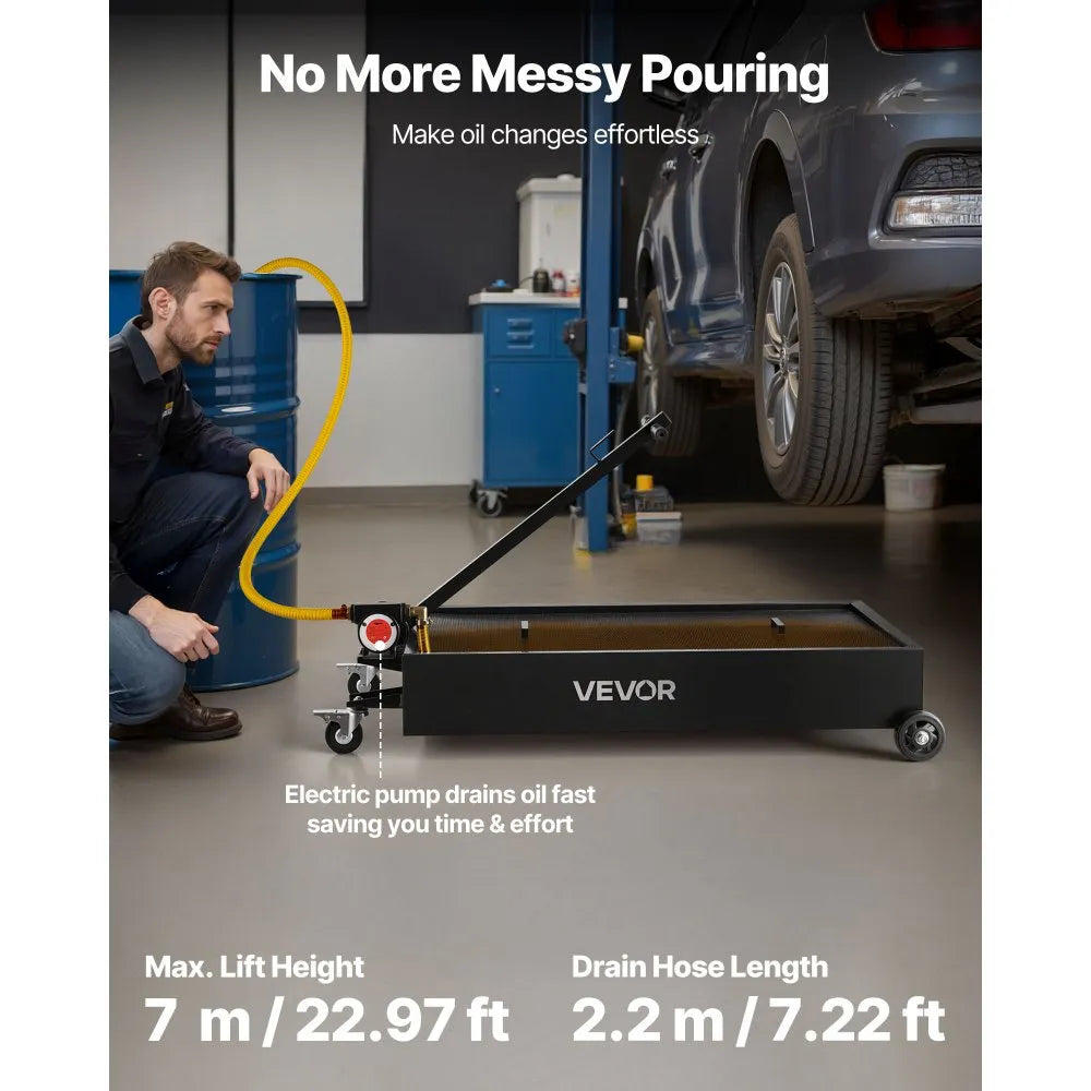 VEVOR Low Profile Oil Drain Pan, 20 Gallon Oil Drain Pan with Pump, Oil Change Pan with 180W Electric Pump, 8.2ft Hose & Folding Handle, Rolling Oil Drain Cart for Trucks, Buses, RVs