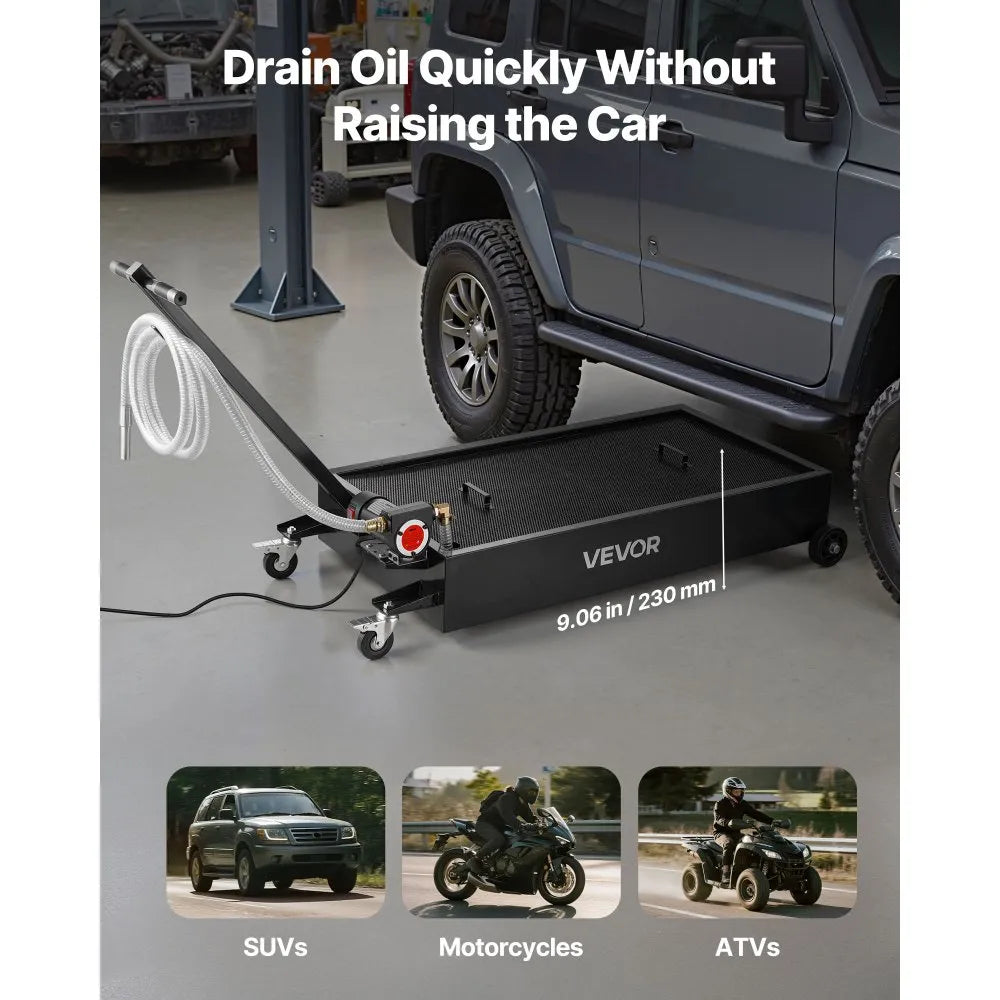 VEVOR Low Profile Oil Drain Pan, 20 Gallon Oil Drain Pan with Pump, Oil Change Pan with 180W Electric Pump, 8.2ft Hose & Folding Handle, Rolling Oil Drain Cart for Trucks, Buses, RVs