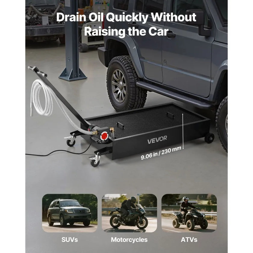 VEVOR Low Profile Oil Drain Pan, 20 Gallon Oil Drain Pan with Pump, Oil Change Pan with 180W Electric Pump, 8.2ft Hose & Folding Handle, Rolling Oil Drain Cart for Trucks, Buses, RVs