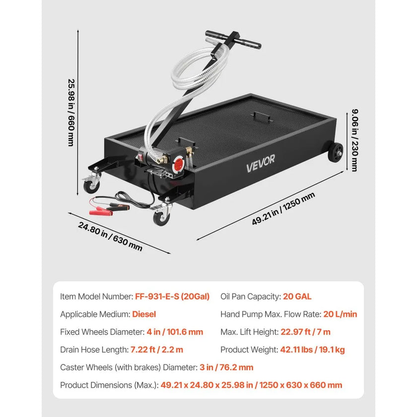 VEVOR Low Profile Oil Drain Pan, 20 Gallon Oil Drain Pan with Pump, Oil Change Pan with 180W Electric Pump, 8.2ft Hose & Folding Handle, Rolling Oil Drain Cart for Trucks, Buses, RVs