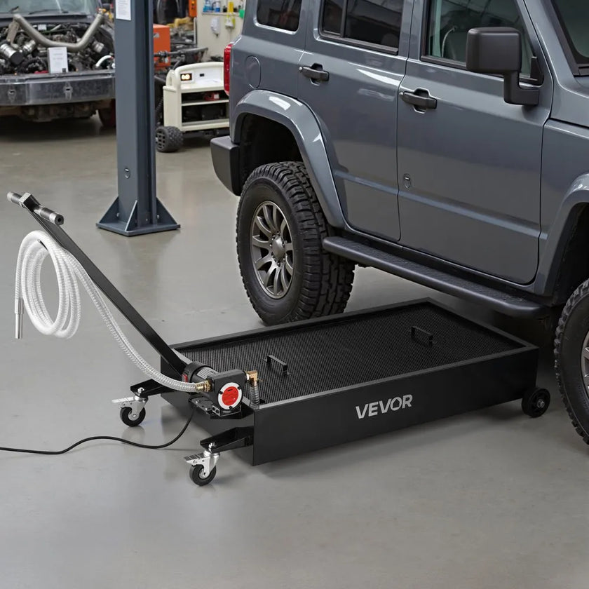 VEVOR Low Profile Oil Drain Pan, 20 Gallon Oil Drain Pan with Pump, Oil Change Pan with 180W Electric Pump, 8.2ft Hose & Folding Handle, Rolling Oil Drain Cart for Trucks, Buses, RVs