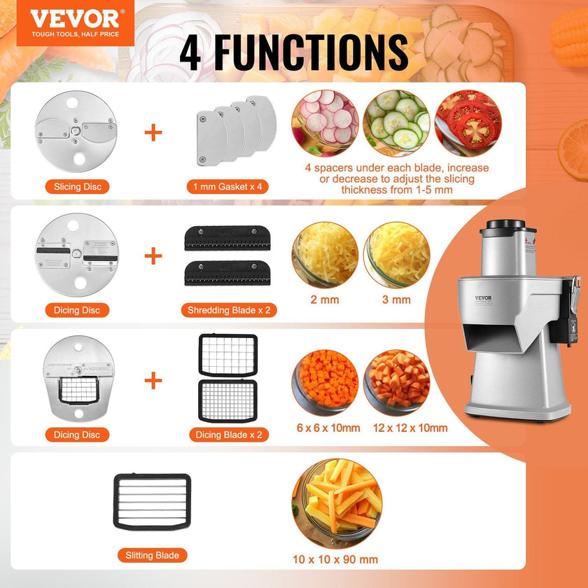 VEVOR Electric Vegetable Slicer, 4 in 1 Multifunctional Food Cutter, 200W Vegetable Chopper for Slicing Shredding Dicing and Slitting, with Cut-Resistant Gloves, for Commercial and Home Use