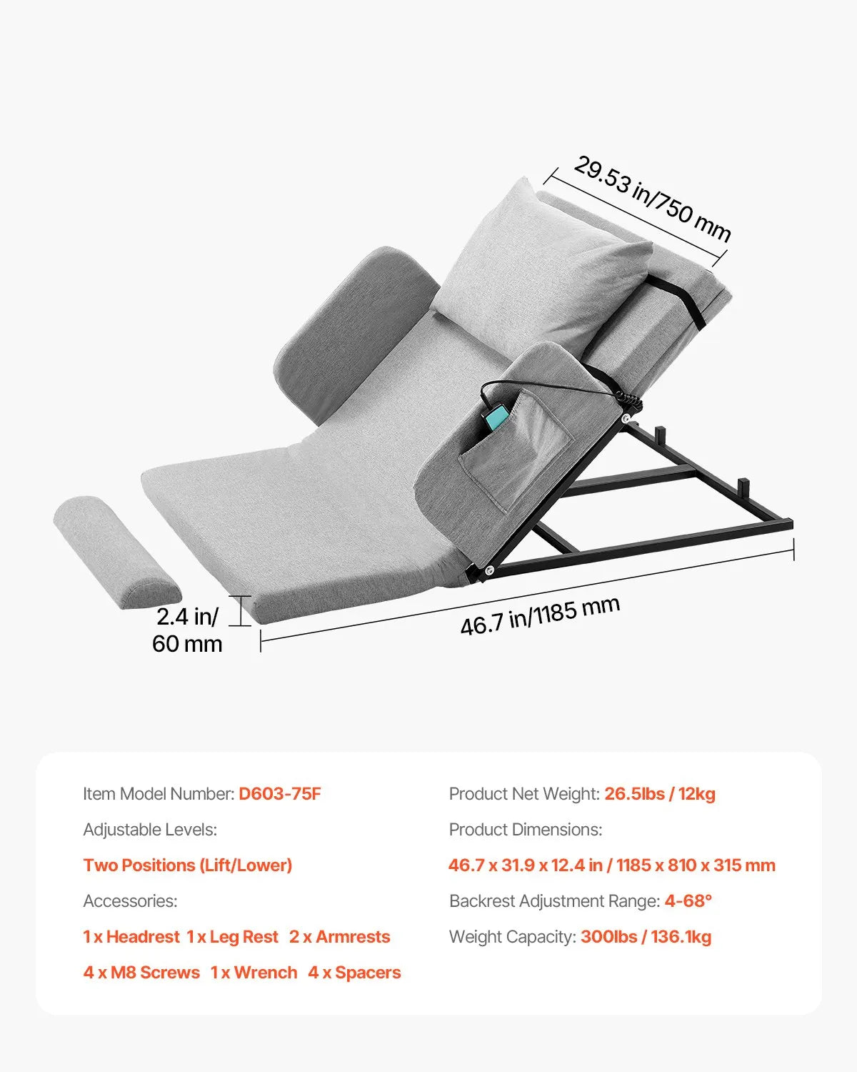 VEVOR Electric Lifting Backrest 300 lbs 4-68° Adjustable with Guardrail & Pouch