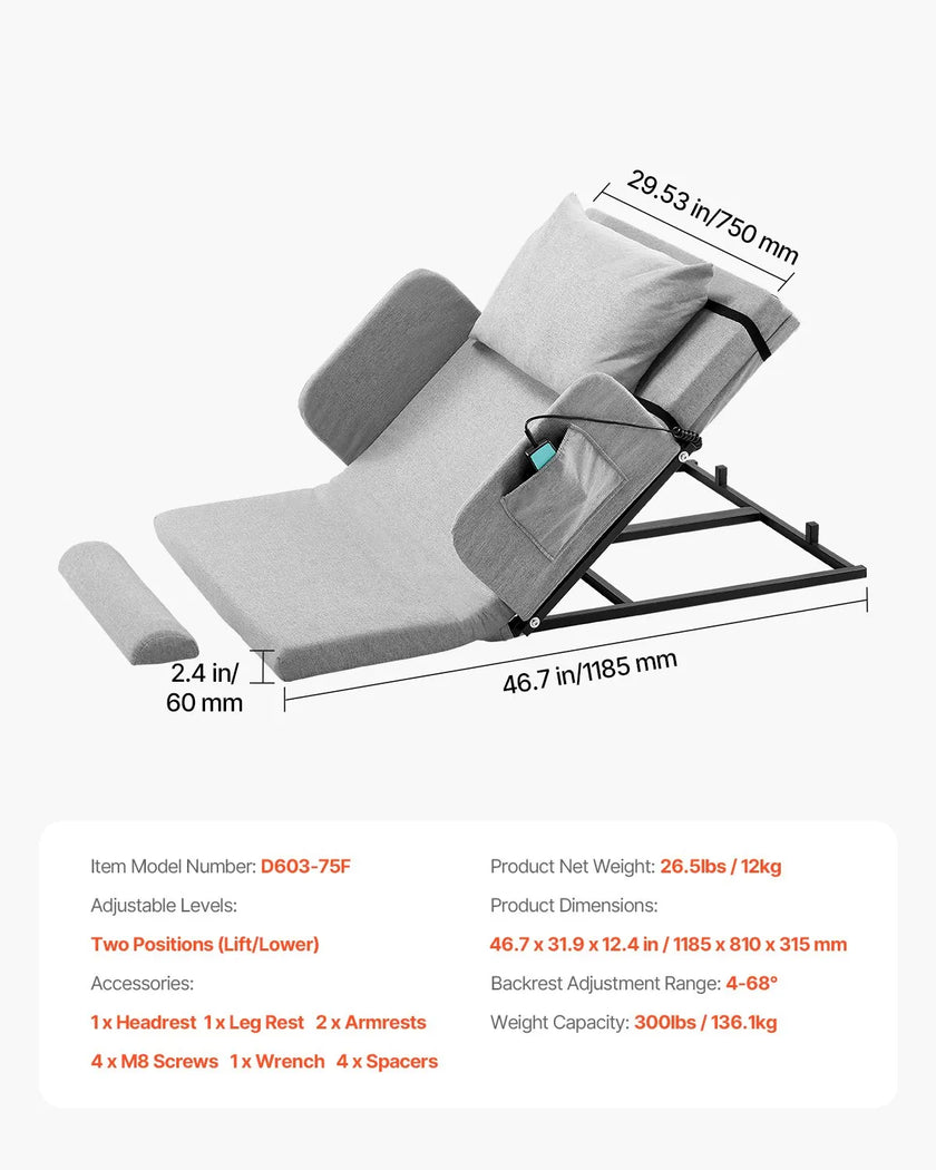 VEVOR Electric Lifting Backrest 300 lbs 4-68° Adjustable with Guardrail & Pouch