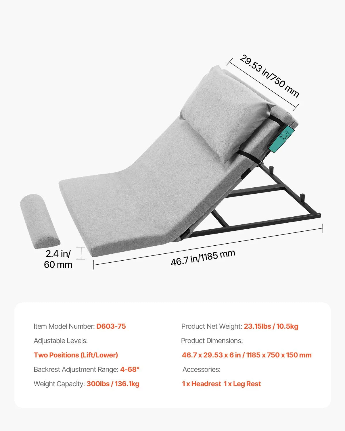 VEVOR Electric Lifting Backrest 300 lbs 4-68° Adjustable Lifting Bed Backrest