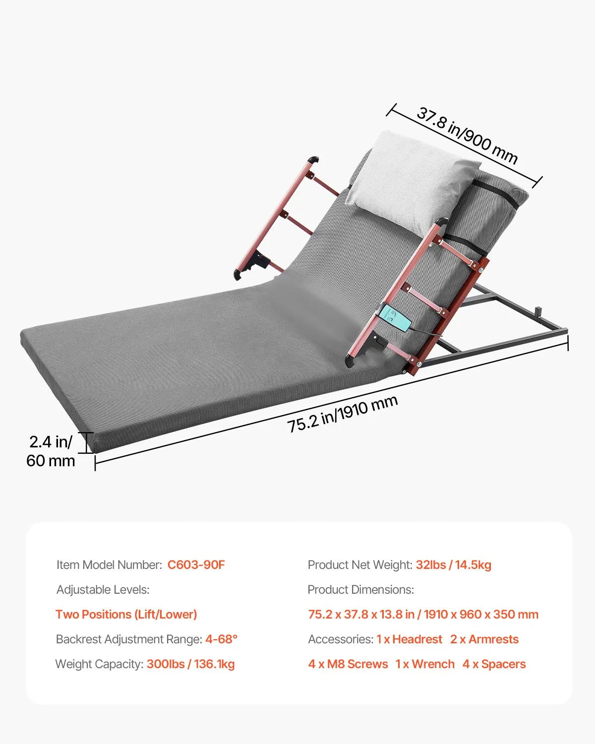VEVOR Electric Lifting Backrest 300 lbs 4-68° Adjustable with Folable Guardrail