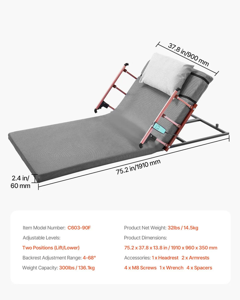 VEVOR Electric Lifting Backrest 300 lbs 4-68° Adjustable with Folable Guardrail