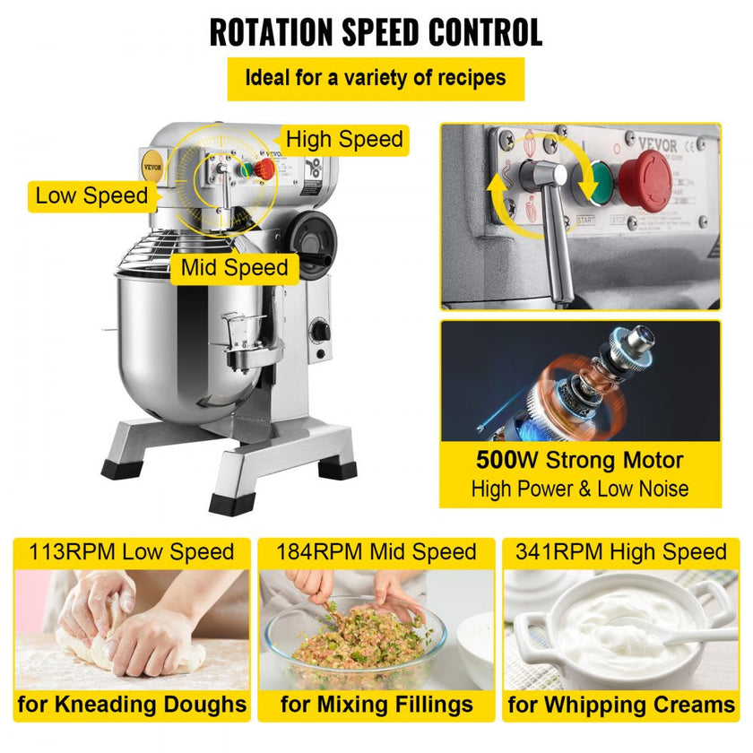 VEVOR Commercial Stand Mixer, 15Qt Stainless Steel Bowl, 500W Heavy Duty Electric Food Mixer with 3 Speeds Adjustable 113/184/341 RPM, Dough Hook Whisk Beater Included, Perfect for Bakery Pizzeria