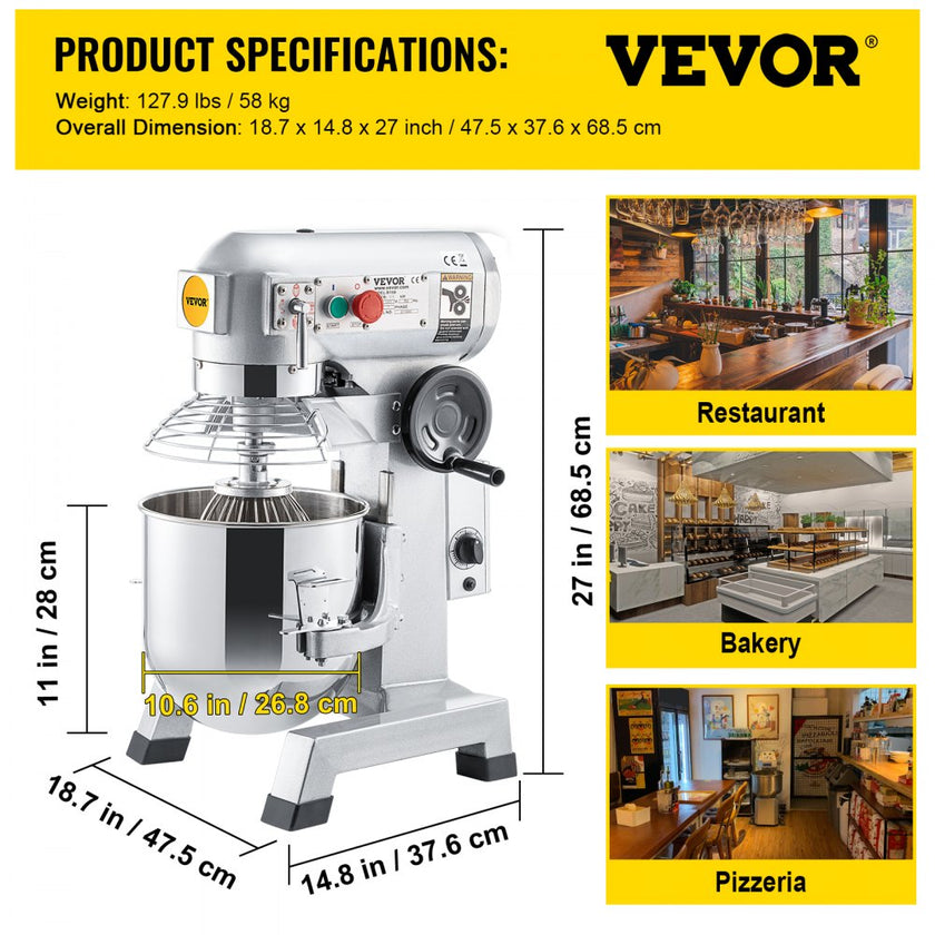 VEVOR Commercial Stand Mixer, 15Qt Stainless Steel Bowl, 500W Heavy Duty Electric Food Mixer with 3 Speeds Adjustable 113/184/341 RPM, Dough Hook Whisk Beater Included, Perfect for Bakery Pizzeria