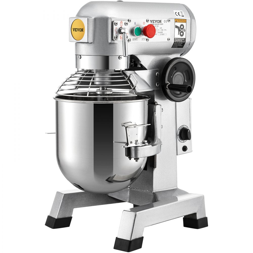 VEVOR Commercial Stand Mixer, 15Qt Stainless Steel Bowl, 500W Heavy Duty Electric Food Mixer with 3 Speeds Adjustable 113/184/341 RPM, Dough Hook Whisk Beater Included, Perfect for Bakery Pizzeria