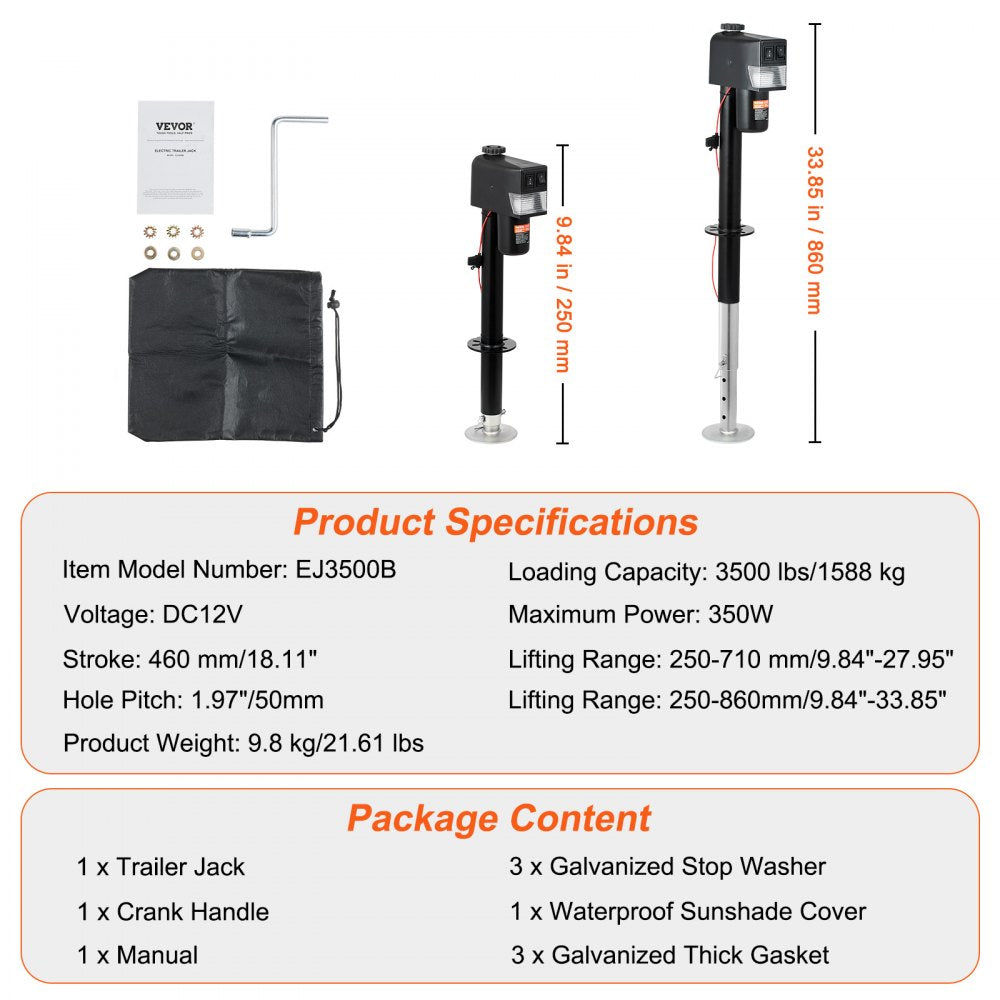 VEVOR Electric Trailer Jack, Power Tongue Jack Weight Capacity 3500 lbs, 9.84