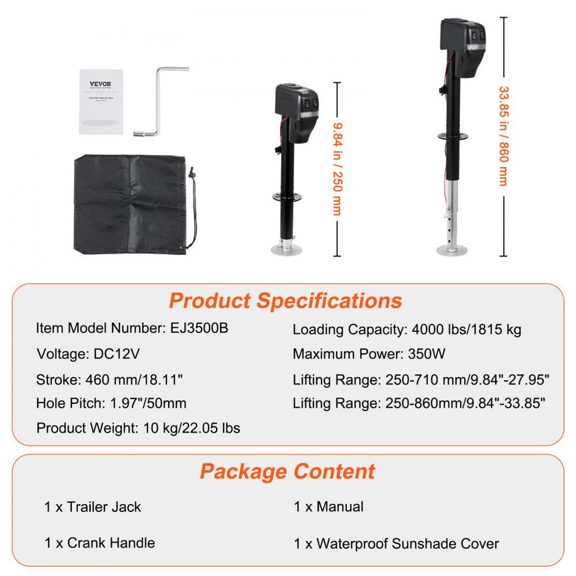 VEVOR Electric Trailer Jack, Power Tongue Jack Weight Capacity 4000 lbs, 9.84