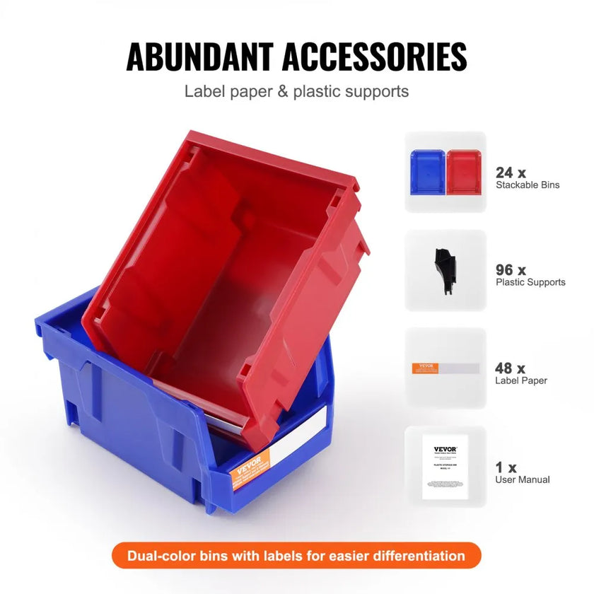 VEVOR Plastic Storage Bin, (5-Inch x 4-Inch x 3-Inch), Hanging Stackable Storage Organizer Bin, Blue/Red, 24-Pack, Heavy Duty Stacking Containers for Closet, Kitchen, Office, or Pantry Organization