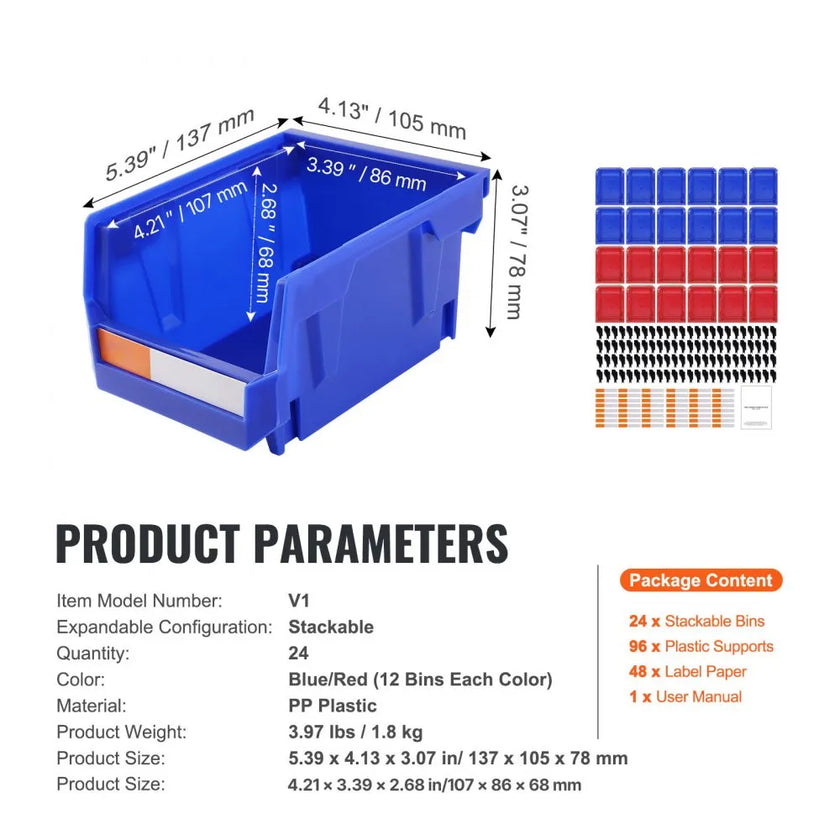 VEVOR Plastic Storage Bin, (5-Inch x 4-Inch x 3-Inch), Hanging Stackable Storage Organizer Bin, Blue/Red, 24-Pack, Heavy Duty Stacking Containers for Closet, Kitchen, Office, or Pantry Organization