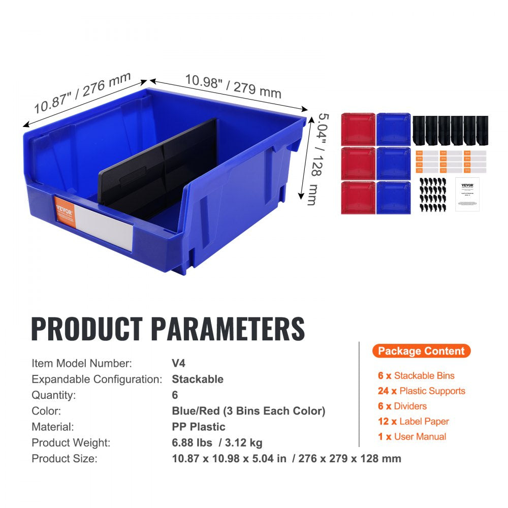 VEVOR Plastic Storage Bin, (11-Inch x 11-Inch x 5-Inch), Hanging Stackable Storage Organizer Bin, Blue/Red, 6-Pack, Heavy Duty Stacking Containers for Closet, Kitchen, Office, or Pantry Organization
