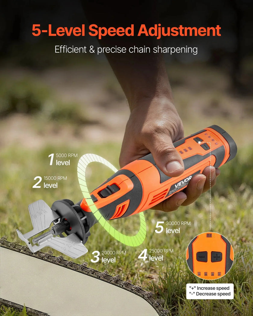 VEVOR Cordless Chainsaw Sharpener, 5-Speed Adjustable Electric Saw Chain Sharpener 5000-30000 RPM, Rechargeable Handheld Chainsaw Sharpening Tool with 4 Sharpening Heads & Angle Guide Attachment