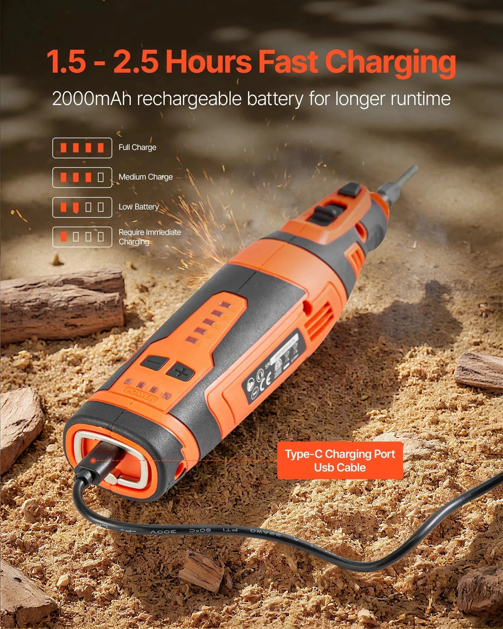 VEVOR Cordless Chainsaw Sharpener, 5-Speed Adjustable Electric Saw Chain Sharpener 5000-30000 RPM, Rechargeable Handheld Chainsaw Sharpening Tool with 4 Sharpening Heads & Angle Guide Attachment