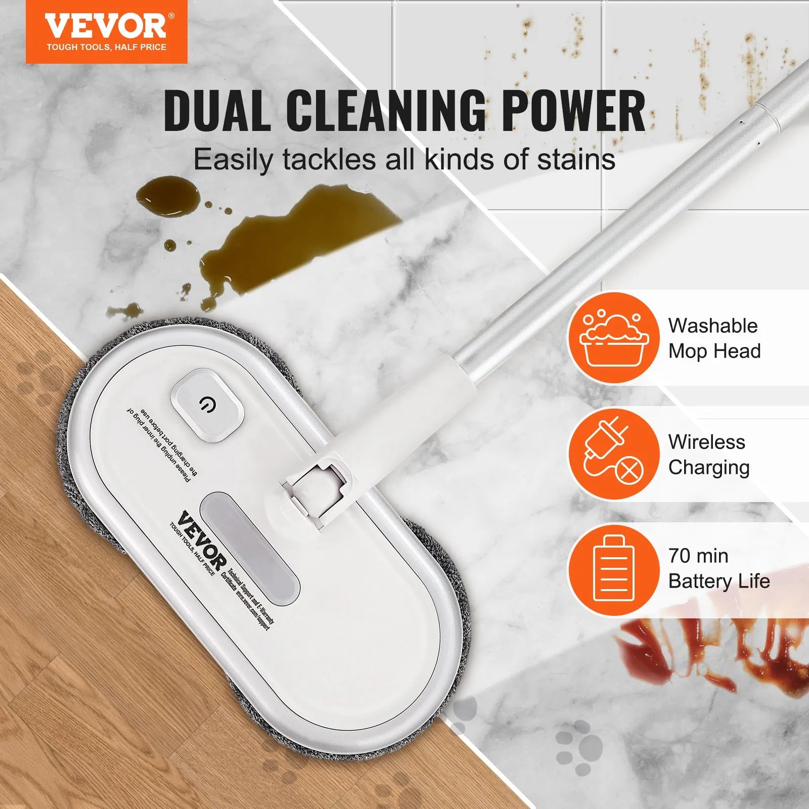 VEVOR Cordless Electric Mop Electric Spin Mop Floor Cleaning Dual Spinning Heads