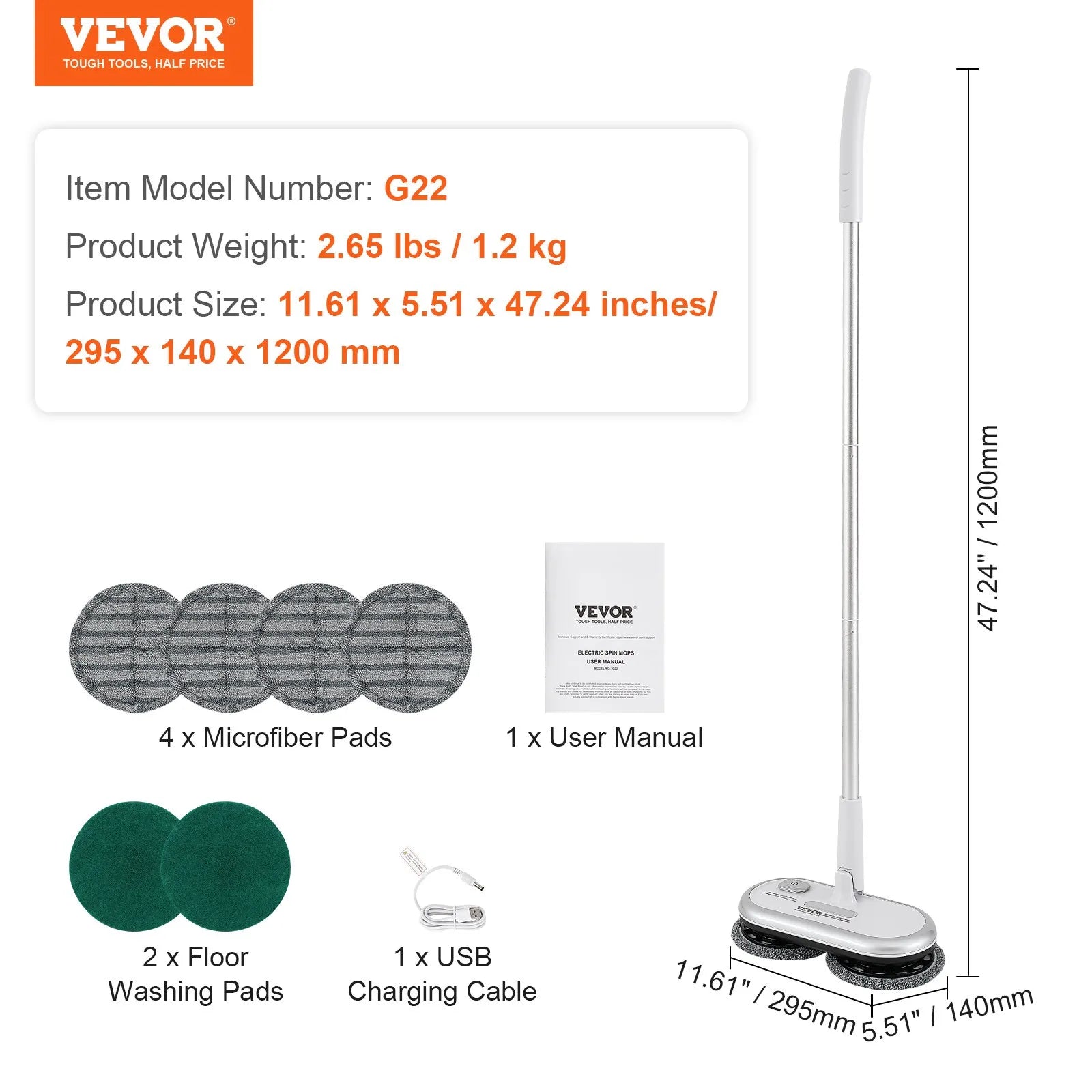 VEVOR Cordless Electric Mop Electric Spin Mop Floor Cleaning Dual Spinning Heads