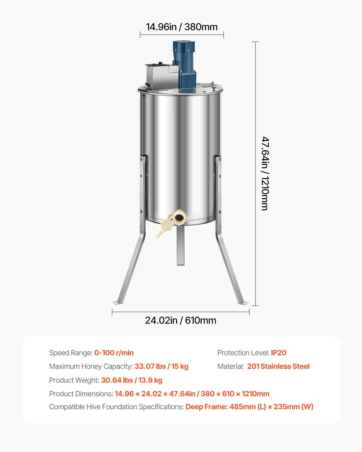 VEVOR Electric Honey Extractor 3 Frame Honey Spinner Beekeeping Stainless Steel