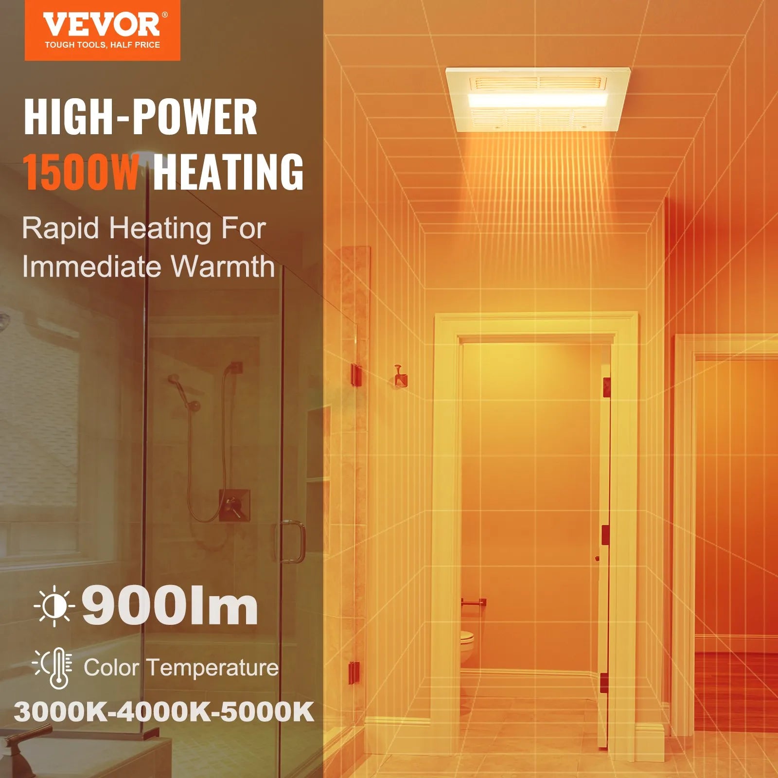 VEVOR Bathroom Exhaust Fan, 1500W Heating, 110 CFM High-Efficiency Ventilation, 1.5sones Low Noise Operation, Energy-Saving Bathroom Ceiling Fan, No Need For Attic Access, For Various Ceilings