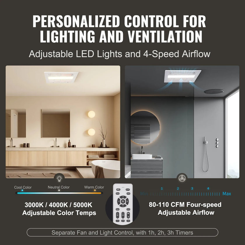 VEVOR Bathroom Exhaust Fan, 1500W Heating, 110 CFM High-Efficiency Ventilation, 1.5sones Low Noise Operation, Energy-Saving Bathroom Ceiling Fan, No Need For Attic Access, For Various Ceilings