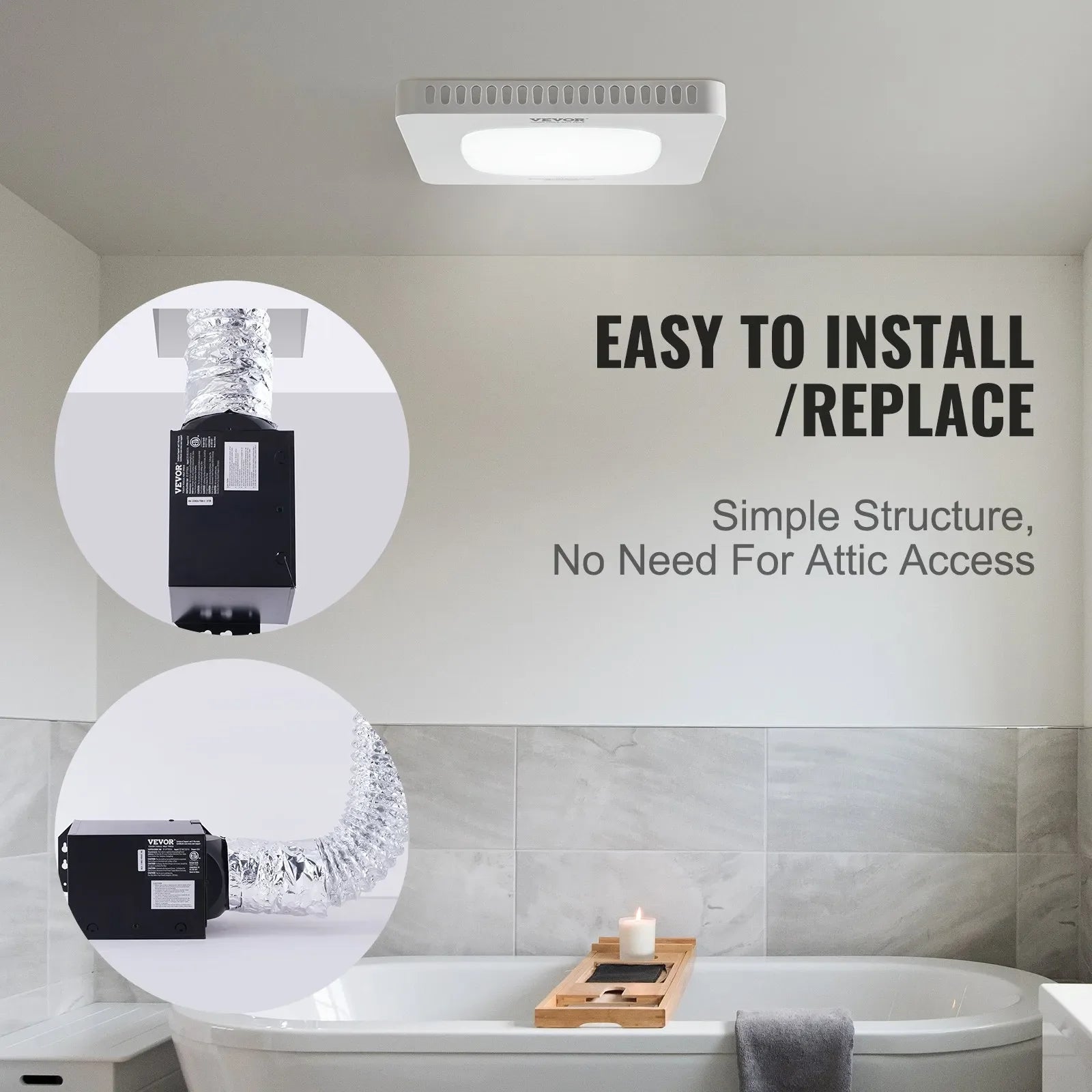 VEVOR Bathroom Exhaust Fan, 110 CFM High-Efficiency Ventilation, 1.5sones Low Noise Operation All-Copper Motor, Energy-Saving Bathroom Ceiling Fan, No Need For Attic Access, For Various Ceilings