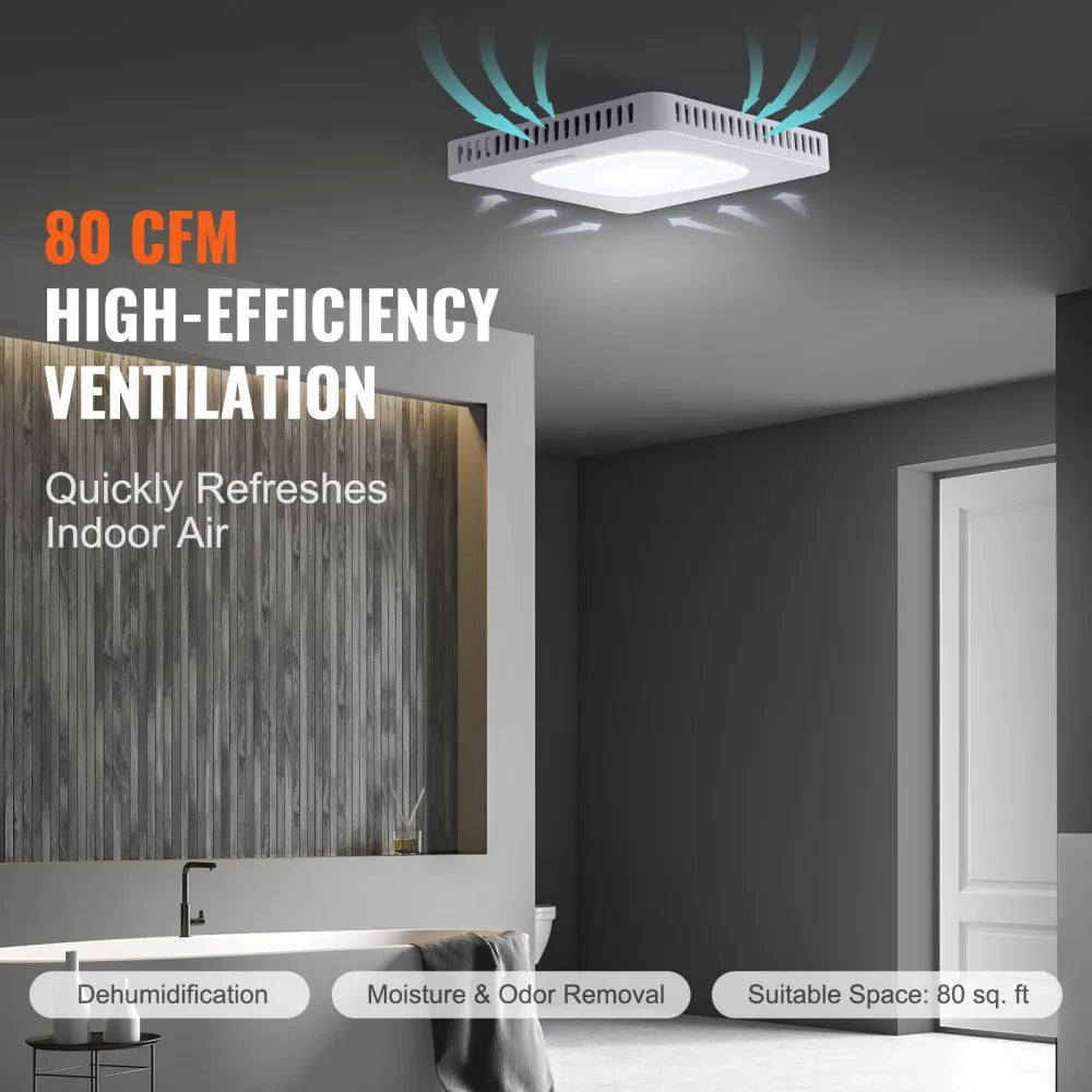 VEVOR Bathroom Exhaust Fan, 80 CFM High-Efficiency Ventilation, 1.5sones Low Noise Operation All-Copper Motor, Energy-Saving Bathroom Ceiling Fan, No Need For Attic Access, For Various Ceilings