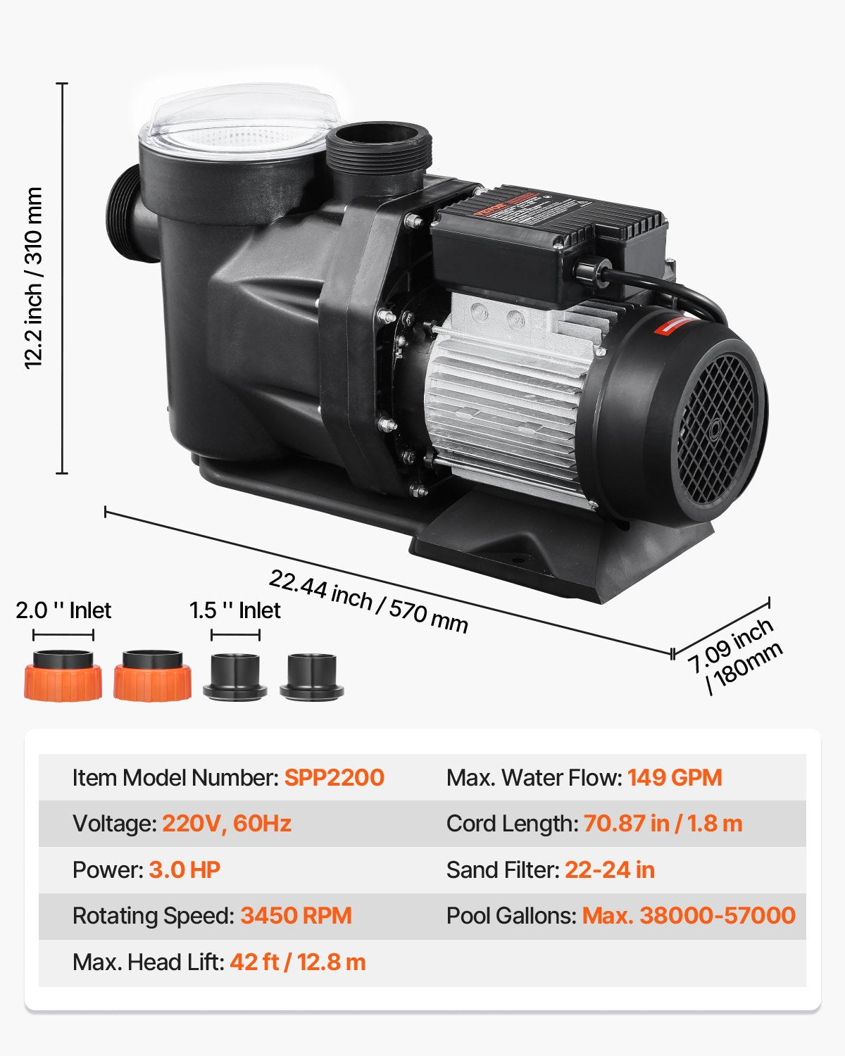 VEVOR 3 HP Above Ground Swimming Pool Pump Single Speed 149 GPM 3450 RPM 220V
