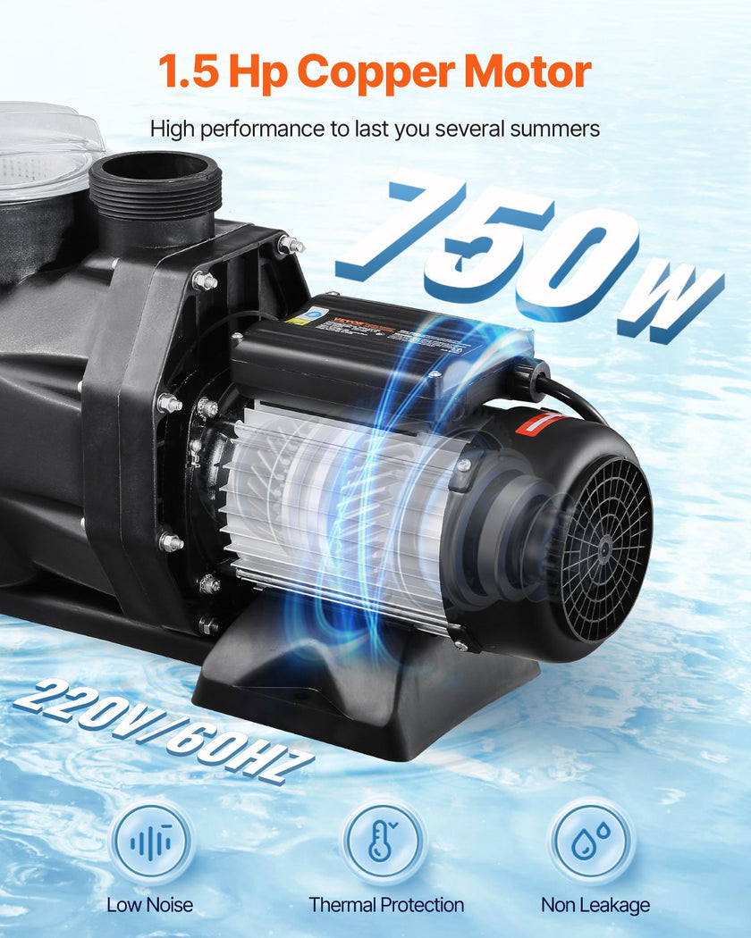 VEVOR 1.5 HP Above Ground Swimming Pool Pump Single Speed 122 GPM 3450 RPM 220V