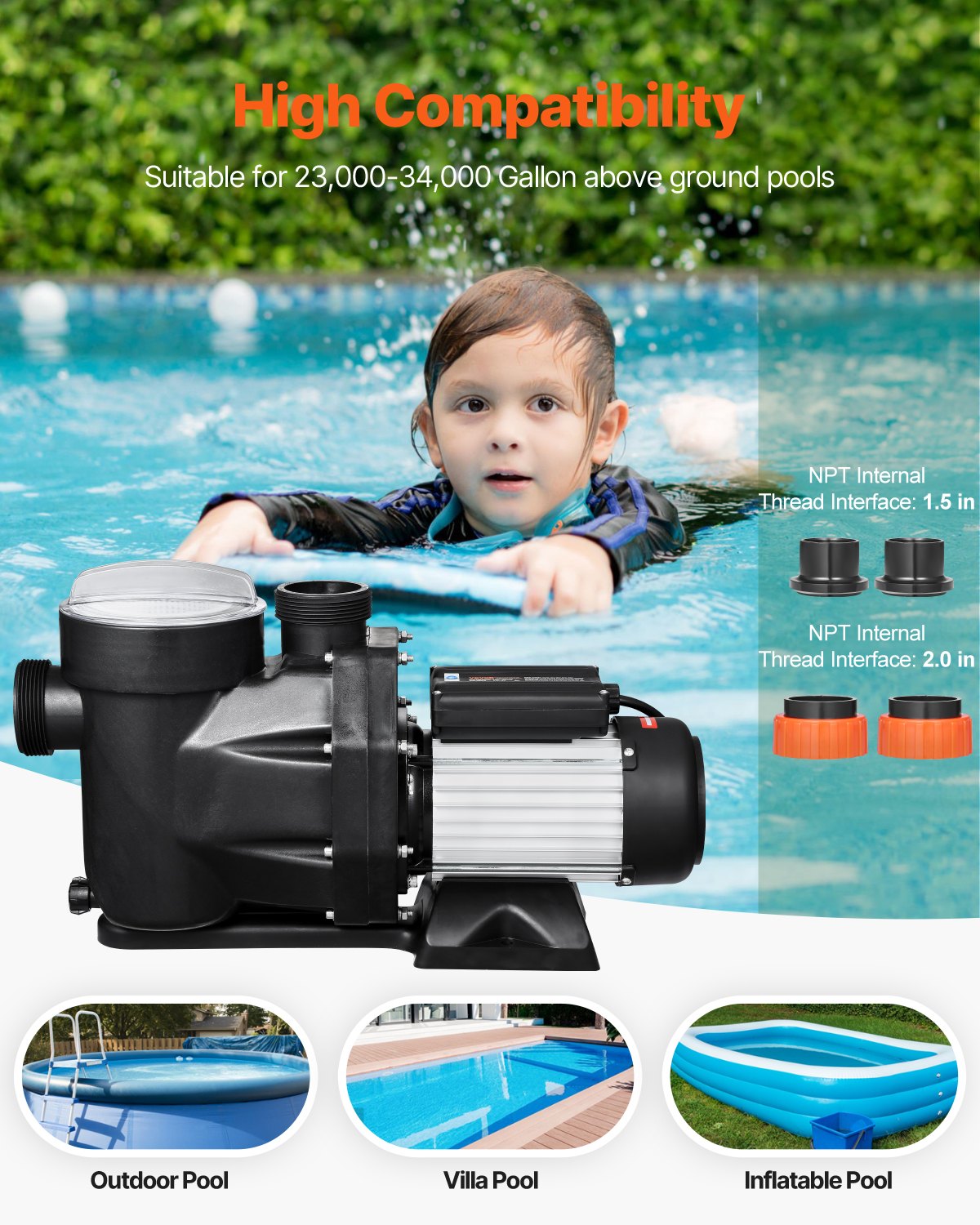 VEVOR 1.5 HP Above Ground Swimming Pool Pump Single Speed 122 GPM 3450 RPM 220V