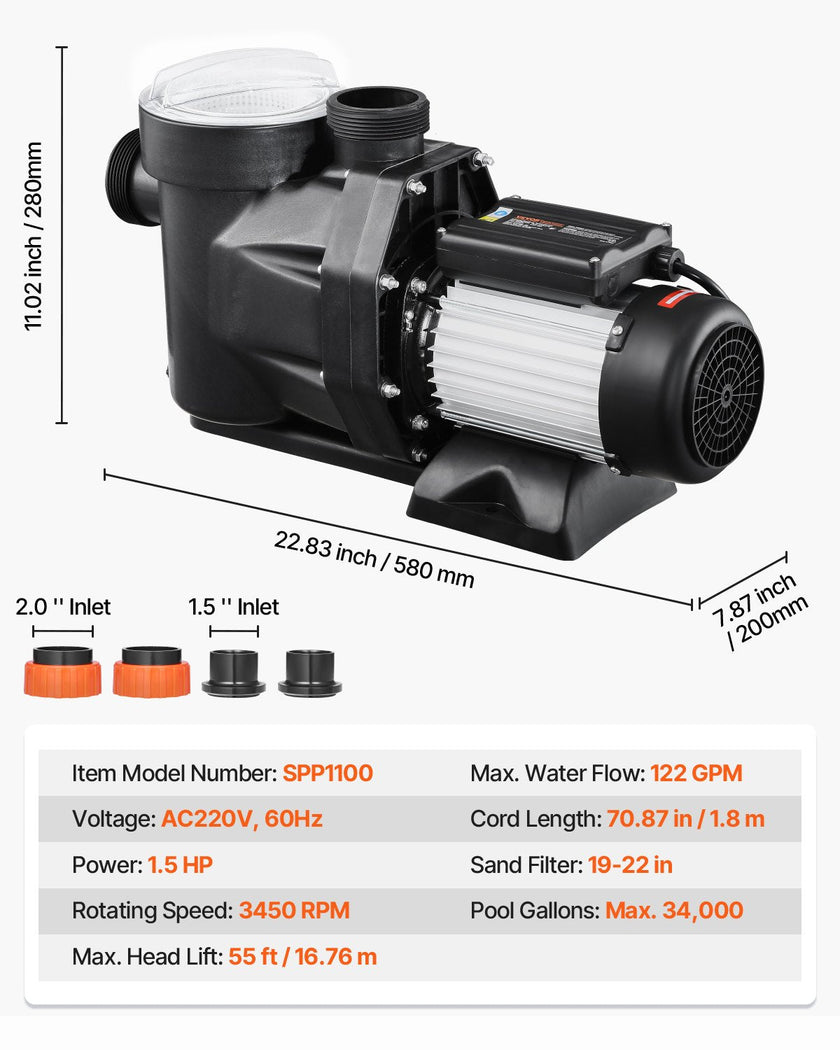 VEVOR 1.5 HP Above Ground Swimming Pool Pump Single Speed 122 GPM 3450 RPM 220V