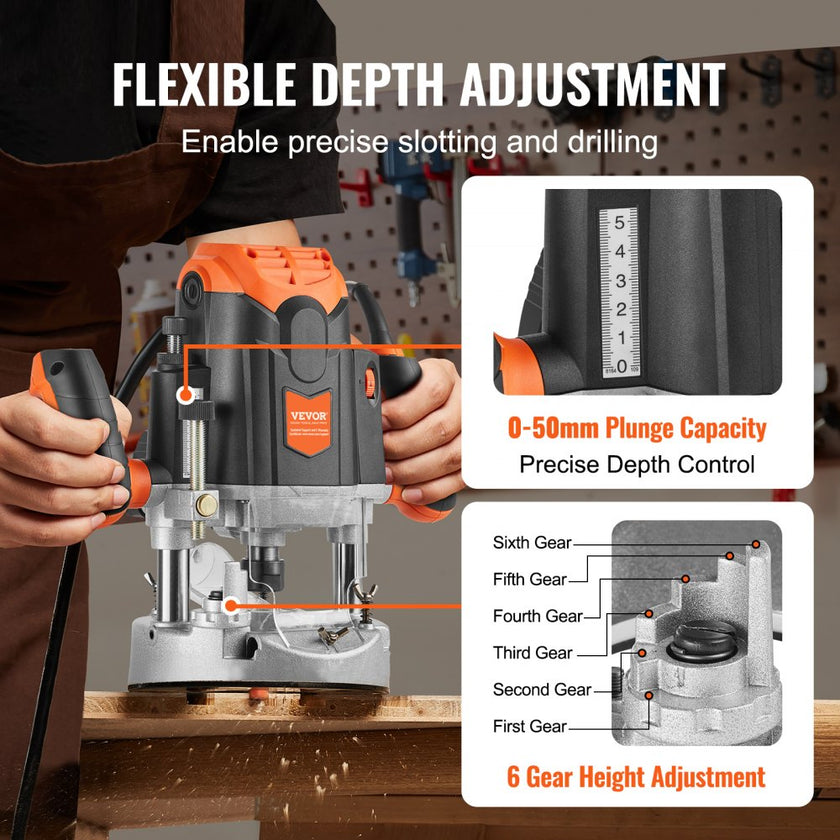 VEVOR Plunge Router, 3-1/4 HP, 120V, 12000-23000 RPM Variable Speed, Electronic Plunge Base Router, Plunge Woodworking Router Kit with Carry Case, Parallel Guide, Straight Guide, 1/4