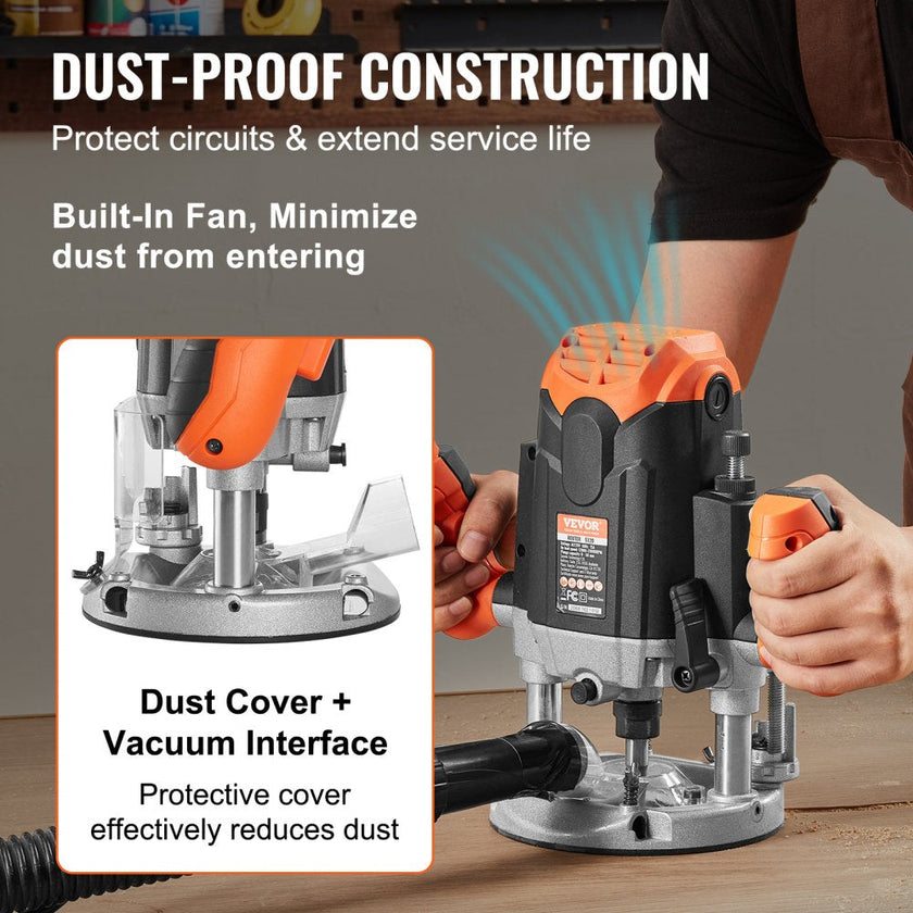 VEVOR Plunge Router, 3-1/4 HP, 120V, 12000-23000 RPM Variable Speed, Electronic Plunge Base Router, Plunge Woodworking Router Kit with Carry Case, Parallel Guide, Straight Guide, 1/4