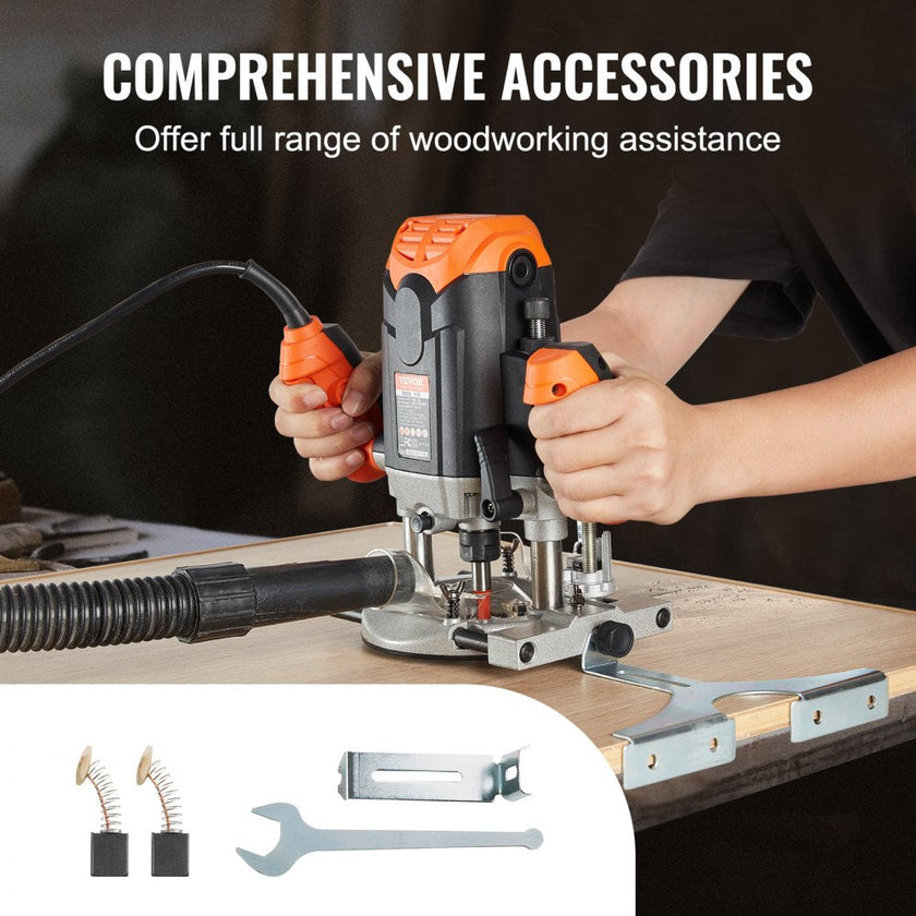 VEVOR Plunge Router, 3-1/4 HP, 120V, 12000-23000 RPM Variable Speed, Electronic Plunge Base Router, Plunge Woodworking Router Kit with Carry Case, Parallel Guide, Straight Guide, 1/4