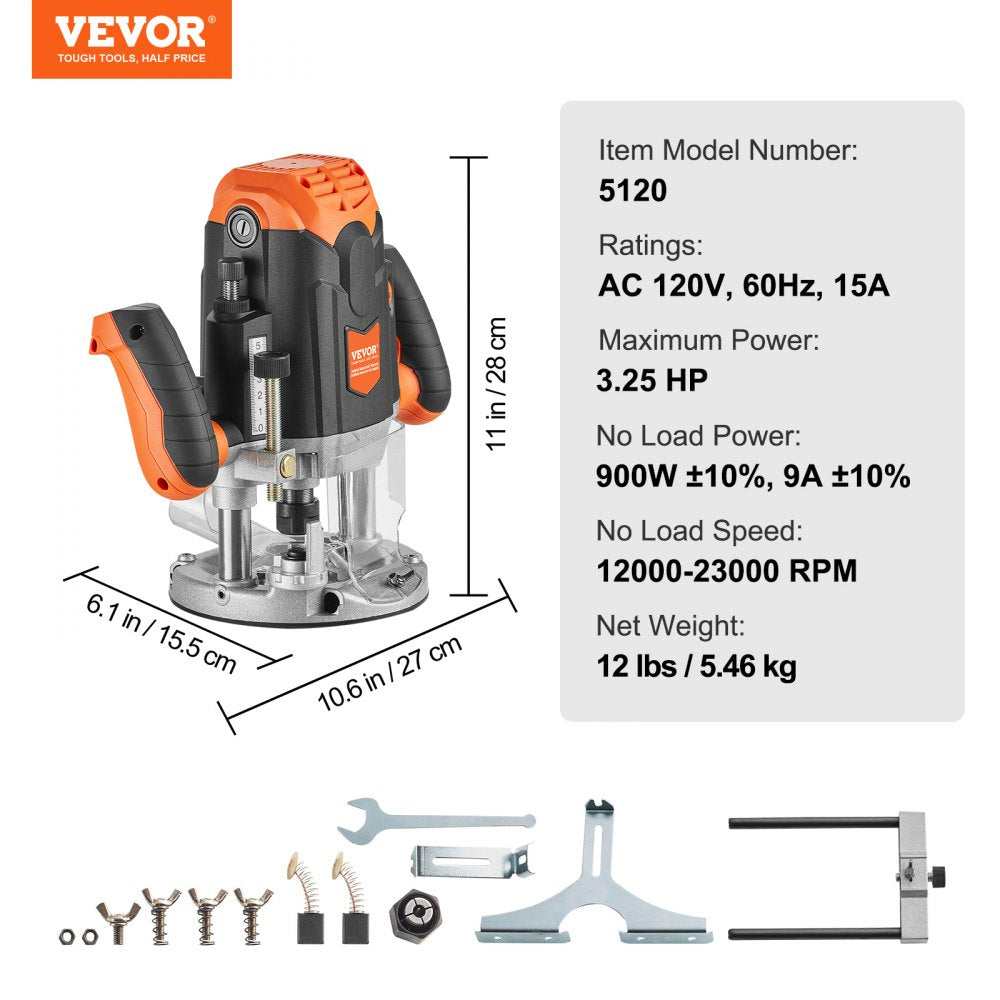 VEVOR Plunge Router, 3-1/4 HP, 120V, 12000-23000 RPM Variable Speed, Electronic Plunge Base Router, Plunge Woodworking Router Kit with Carry Case, Parallel Guide, Straight Guide, 1/4